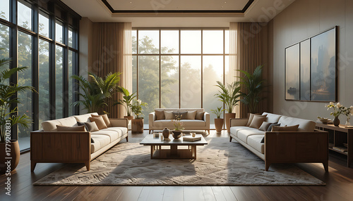 “Elegant luxury lounge with walnut furniture, neutral palette, large windows with morning sunlight, indoor plants, textured wool rug, artistic decor, spa-like serenity, cinematic lighting.”
