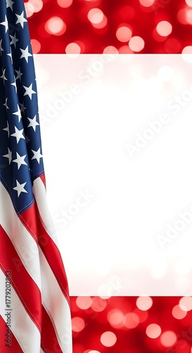 American flag background with red bokeh lights and white copy space