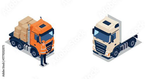 Isometric cargo truck and driver scene with package transport
