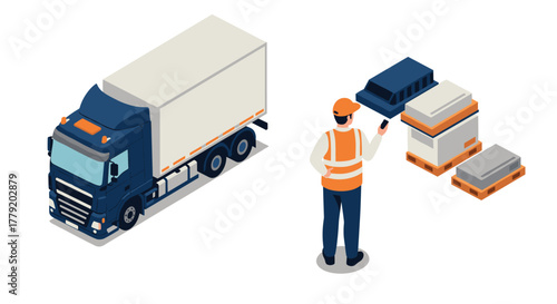 Isometric warehouse management scene with truck and worker scanning cargo