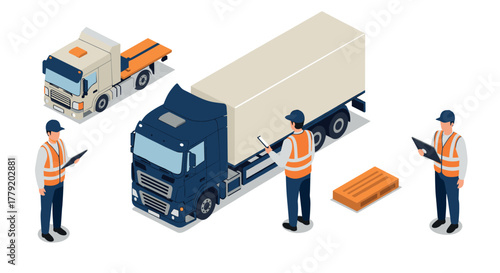 Isometric logistics team managing trucks and cargo pallets