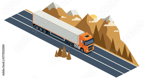 Isometric truck on mountain highway at sunrise