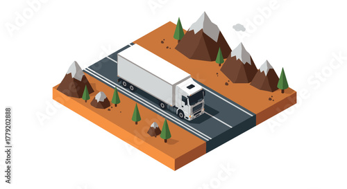 Isometric truck driving through mountainous road on a sunny day
