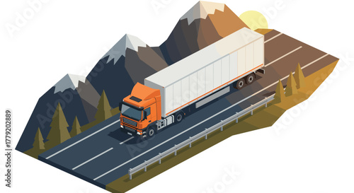 Long haul truck on mountain road at sunset in isometric style
