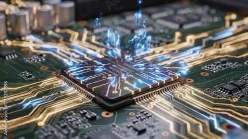 Futuristic Microchip Processor Glowing with Digital Energy on a Circuit Board.