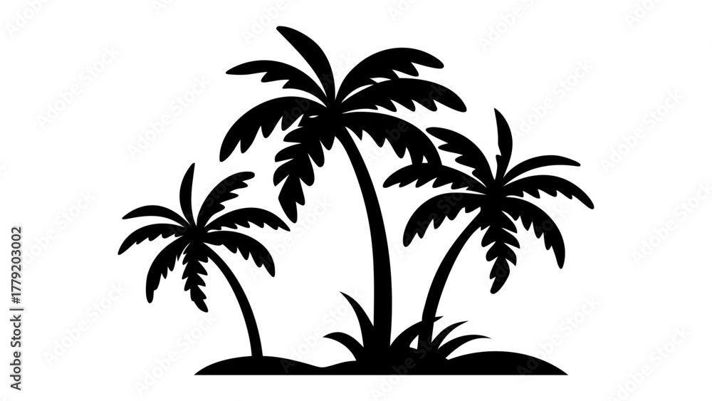 Fototapeta premium Island Silhouette: Silhouette of three palm trees standing tall, evoking the serene and tropical vibes of an island paradise.