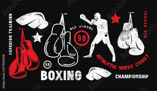 Boxing match emblem for t-shirt. Graphic design with rough texture. Blue print on pink background
