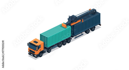 Isometric freight truck with shipping containers on white background