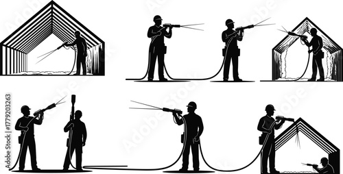 Silhouette vector illustration of workers spraying foam insulation, construction process, protective gear, thermal sealing, building maintenance, safety, engineering, architecture, labor, and industry