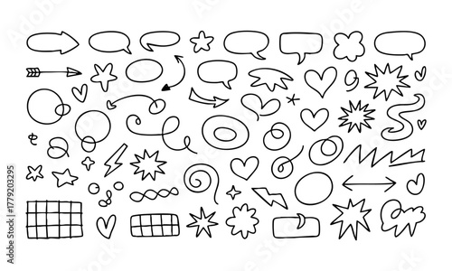  Hand-Drawn Clean Doodle Toolkit Arrows, Bubbles, Highlights Vector illustration, easily editable.
