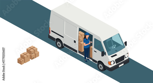 Delivery service concept with courier unloading packages from van on road
