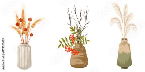 Autumn set with ceramic vases filled with wheat, branches, berries, dry grass isolated on white background. Vector hand drawn illustration for home decor, seasonal design, packaging decoration