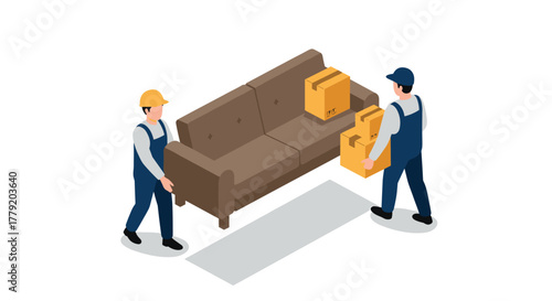 Furniture moving service concept with two workers carrying sofa and boxes in isometric style