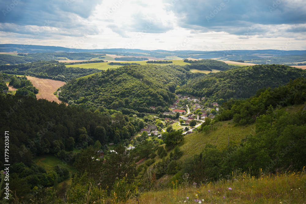 Fototapeta premium Summer Mountain View Overlooking Village in the Valley