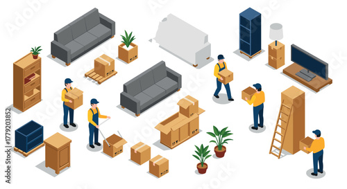 Isometric moving day scene with workers packing boxes in a modern living room setting