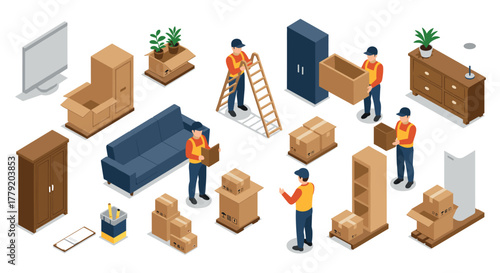 Isometric workers unpacking and arranging furniture in a room setup scene