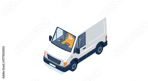 Delivery person driving a white cargo van in an isometric design