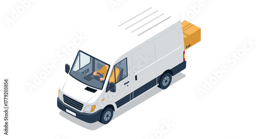 White delivery van with open rear door and cardboard box in isometric style