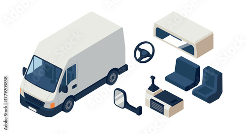 Isometric van parts illustration vehicle components and interior elements