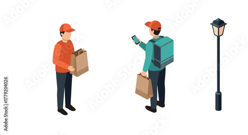 Isometric characters with grocery bags and delivery backpack by street lamp