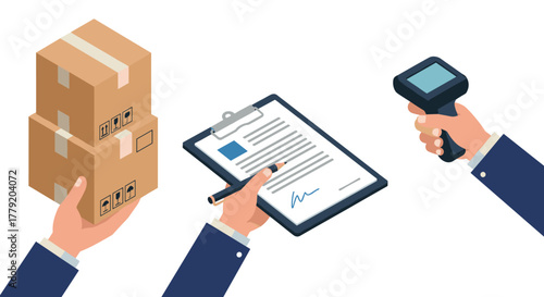 Logistics process package handling, shipping document, barcode scanning in isometric style