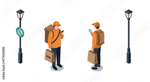 Isometric delivery workers and street view with lamps
