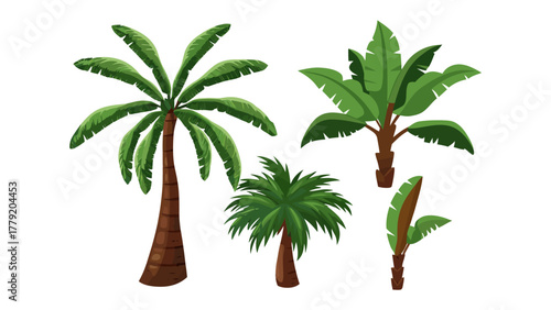 Tropical Palm Variety: Illustrative ensemble of diverse tropical palm trees, each showcasing unique foliage and trunk characteristics, evoking the exotic beauty of a warm tropical landscape.