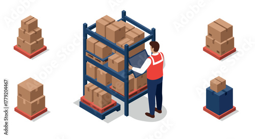 Warehouse worker organizing boxes on shelves in an isometric style