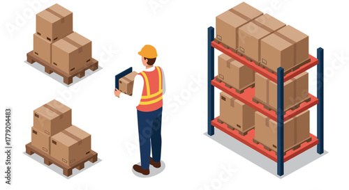 Warehouse inventory management with worker, cardboard boxes, and shelving in isometric style