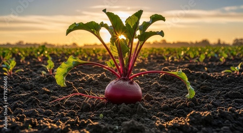 Vibrant Beetroots Growing in a Fertile Field Under a Golden Sunset Glow