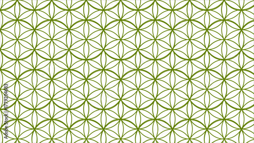 Seamless Flower of Life pattern in pale olive green on a white backdrop, perfect for spiritual design.
