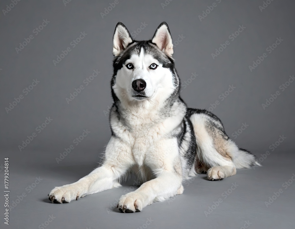 Fototapeta premium Energetic Siberian Husky rests on a gray background in a studio setting