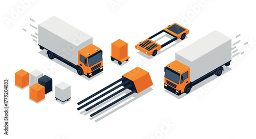 Isometric trucks and logistics elements with cargo boxes and delivery vehicles