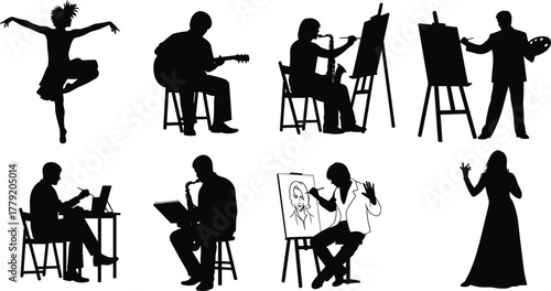 Artistic silhouette, creative people, performing arts, painting, sculpting, music, dance, drawing, black and white, vector, CAD style, illustration