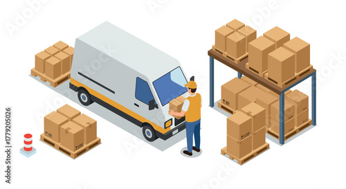 Delivery service concept with worker loading packages into a van near warehouse shelves