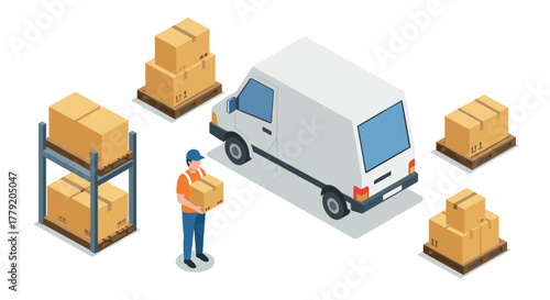 Isometric warehouse delivery concept with van, worker, and boxes