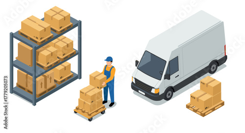 Isometric warehouse scene with worker loading boxes onto van
