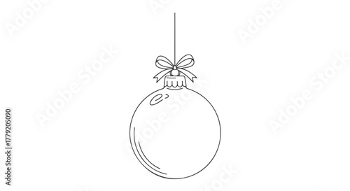 Continuous Line Drawing Christmas Ornament, Simple Vector Christmas Symbols Line Art Illustration