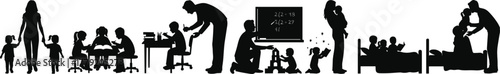 Child development stages, parenting support, school education, tutoring, emotional care, bedtime routine, silhouette concept, black and white, vector art, illustration