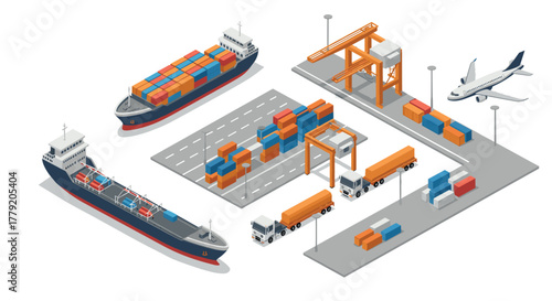 Isometric container terminal with cargo ships, trucks, and plane in modern port scene