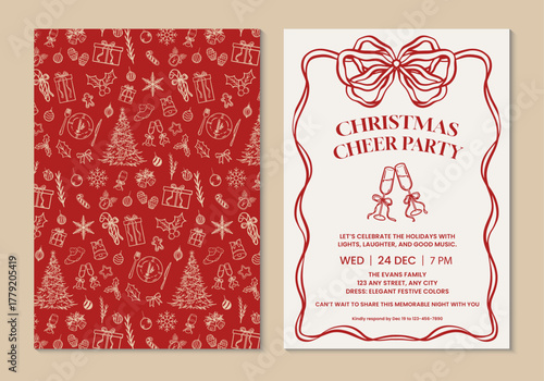 Christmas cheer party invitation with hand-drawn objects in red gold theme. Back and front vector illustration Christmas dinner invitation template.