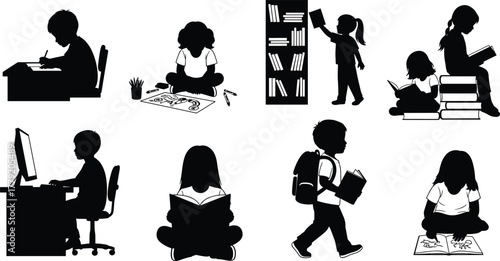 Children reading, drawing, using computer, studying, bookshelf, backpack, education activity, school kids, silhouette, black and white, cad drawing flat vector illustration