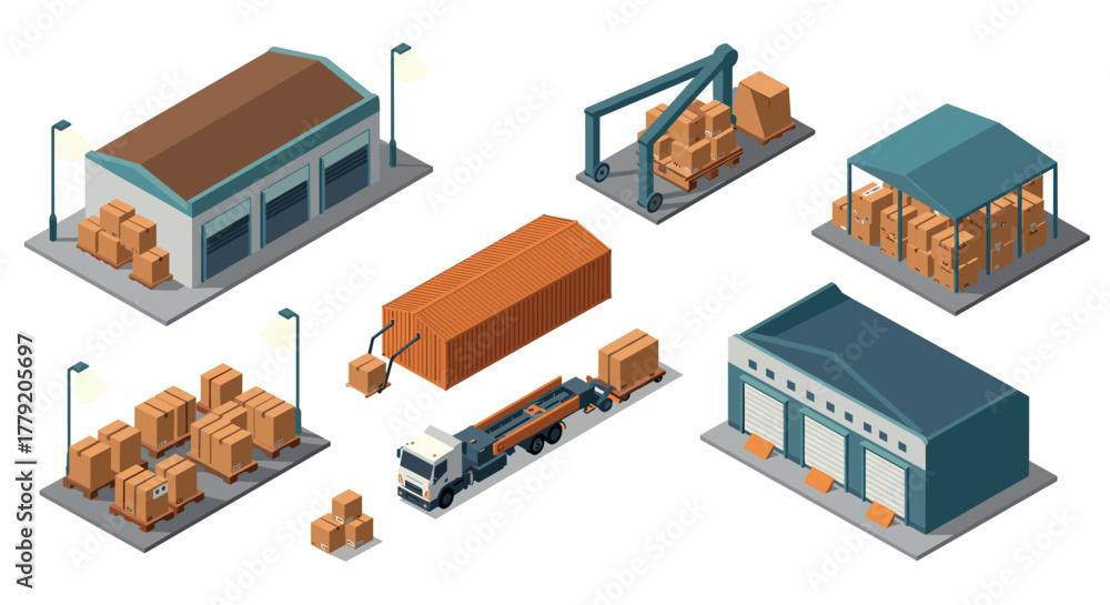 Fototapeta premium Isometric warehouse and logistics scene with cargo and transport elements