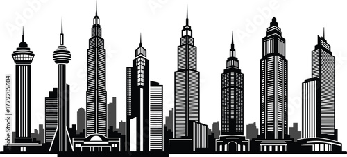 City skyline, modern architecture, urban buildings, skyscraper silhouette, black and white, CAD style, vector art, downtown, illustration, commercial zone