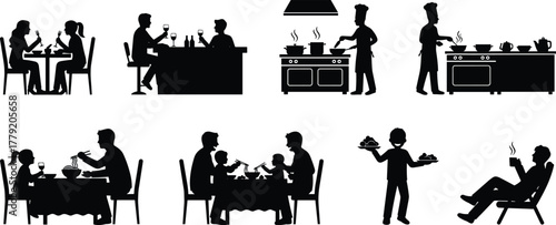 Dining scene, family meal, restaurant service, chef cooking, food preparation, waiter serving, kitchen activity, eating together, silhouette art, vector illustration