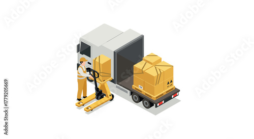 Isometric logistics scene with worker loading boxes onto a truck using a pallet jack