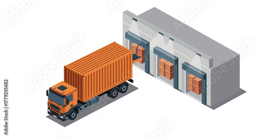 Isometric transport truck unloading cargo at distribution warehouse