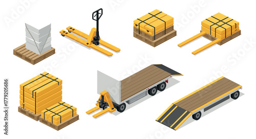 Isometric forklift and pallet collection for warehouse and logistics design