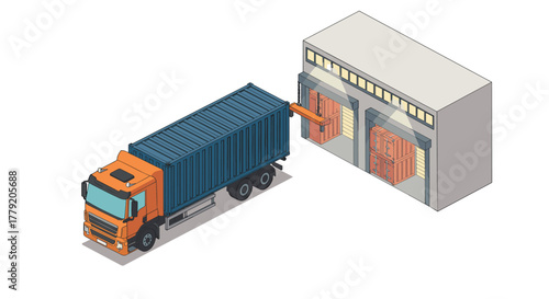 Isometric warehouse and container truck loading illustration