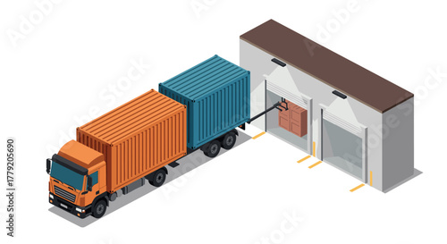 Isometric truck loading at warehouse with containers and forklift illustration